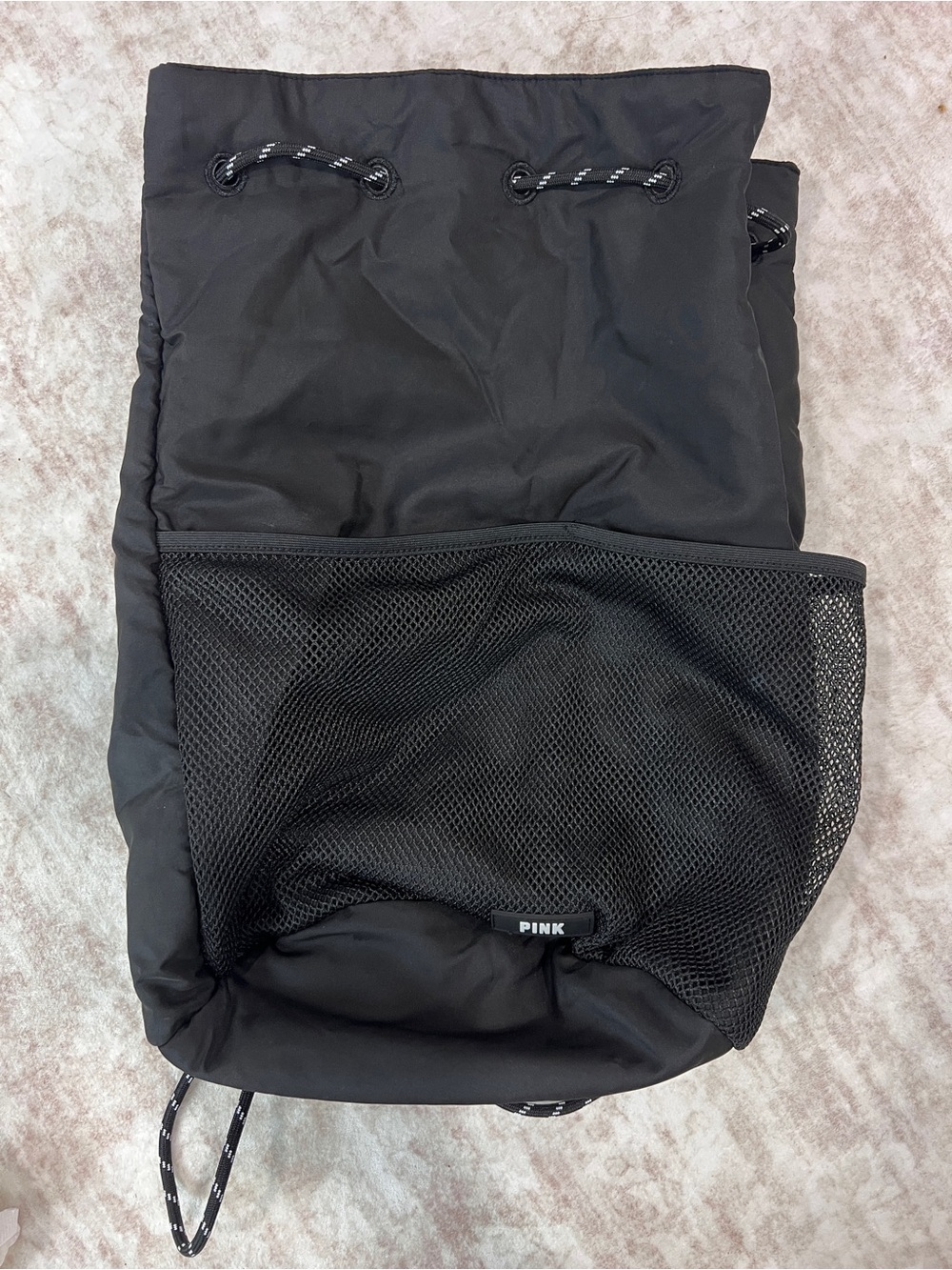 PINK Black Mesh Drawstring Bag with Logo Patch